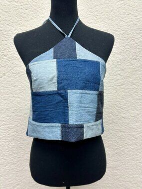 Amanda Uprichard Laurena Denim Patchwork Crop Top Medium